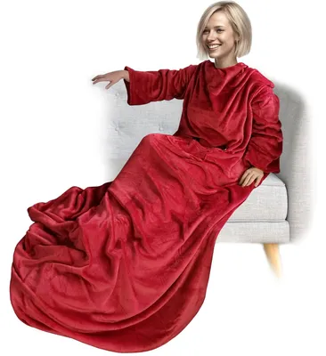 Produktbild von NYVI Ärmeldecke CozyWear Deluxe 170x200 cm Rot - Kuscheldecke mit Ärmeln, 2 Brusttaschen, Fußtasche - Kuschelige TV-Decke für Erwachsene & Kinder - 100, Sofadecke zum Anziehen