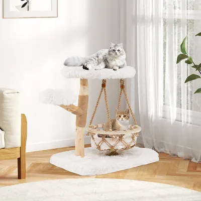 Produktbild von GOPLUS Kratzbaum Holz, 66 cm Katzenbaum mit Hängeschaukel, Plüschplattform & Kratzsäulen aus Jute, Katzenkratzbaum, Katzenmöbel für Kätzchen