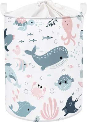 Produktbild von Bubbles Kinder Wäschekorb mit Deckel - Design mit Meeres Tieren - Faltbar und Rund - Pinkes Meerjungfrauen Thema - 36 x 45cm