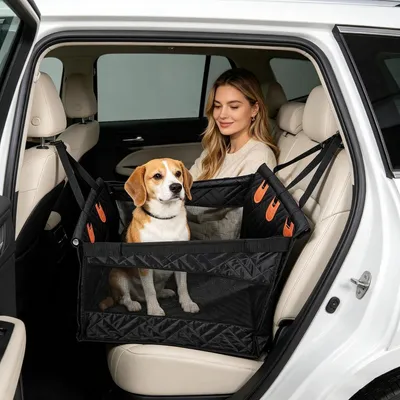 Produktbild von Hundeautositz für die Rückbank von großen Hunden, Sicherheitsplatz mit Befestigungsgurt, rutschfester und wasserdichter Hundesitz als Hundebett für das Auto und SUV