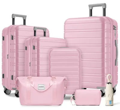 Image de Ensemble de bagages 6 pièces, valises à coque rigide, extensibles, roulettes, 48 x 31 x 78 cm, rose