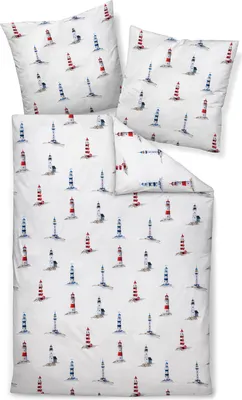 A bedding set with a lighthouse pattern.
