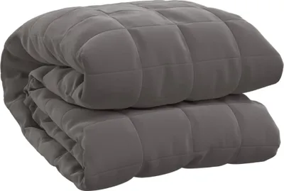 A folded gray weighted blanket.