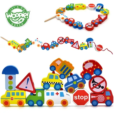 Produktbild von Woopie Green Holz-Einfädelblöcke, Fahrzeuge, Autos, 13 Stück.