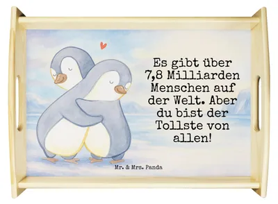 Produktbild von Mr. & Mrs. Panda Tablett Pinguine Kuscheln Design - Weiß - Geschenk, Frühstückstablett, betttablett, für Frauen, Freund, Freundin, Hochzeitstag, Valentinstag, aus holz