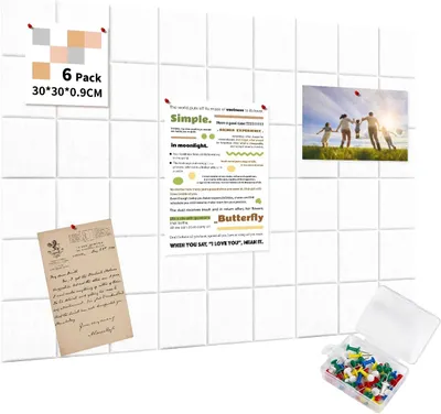 Imagen del producto de Panel de fieltro autoadhesivo, grande (90x60 cm), con 6 piezas de 30x30 cm, incluye 35 chinchetas, ideal para oficina y cocina