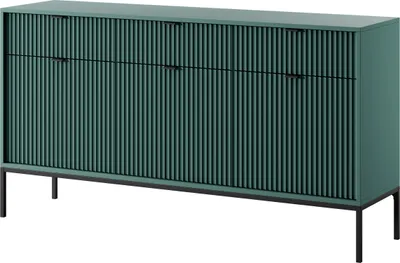 A green sideboard with black legs and handles, shown from a three-quarter angle against a white background.