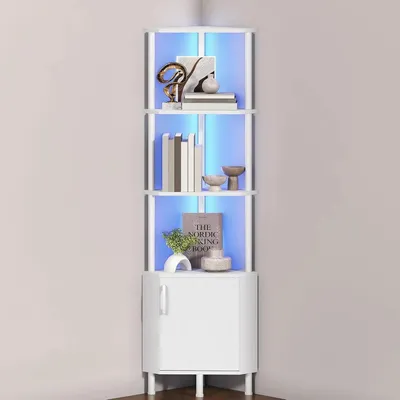 Produktbild von Eckschrank Bücherregal - LED-Beleuchtung - 5 Ebenen, 4 Offene Fächer - Kippschutz - Metallrahmen - Schrank mit Tür - Weiß