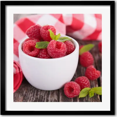 Produktbild von Bild - 50 cm x 50 cm - MDF - Rahmen, Wandkunst - Himbeeren in einer Schüssel