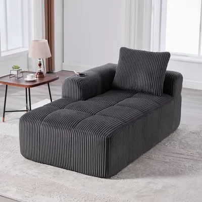 Produktbild von MODFU Gemütlicher Loungesessel-Sofa Polstermöbel mit seitliche Aufbewahrungstasche,Chaiselongue mit integrierter Getränkehalter,ohne Montage,Dunkelgrau