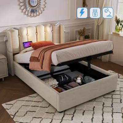 Produktbild von MODFU Boxspringbett Hydraulisches 90 x 200 cm mit Leselicht und Kopfteil Stauraum, Polsterbett Funktionelles mit USB-Ladeanschluss, Einzelbett Stauraumbett mit Bettkasten Stauraum, Samt Beige(Ohne Matratze)