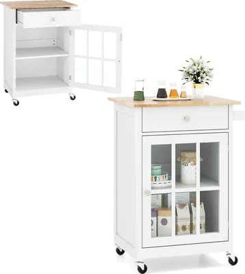 A collage of two images showing a white kitchen cart with a wood top, a drawer, and a glass-doored cabinet. The cart is shown from different angles and with some items inside.