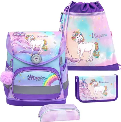 Produktbild von Belmil Compact ergonomisches Schulranzen-Set 4-teilig "Rainbow Unicorn Magic" mit Brustgurt, Magnetverschluss