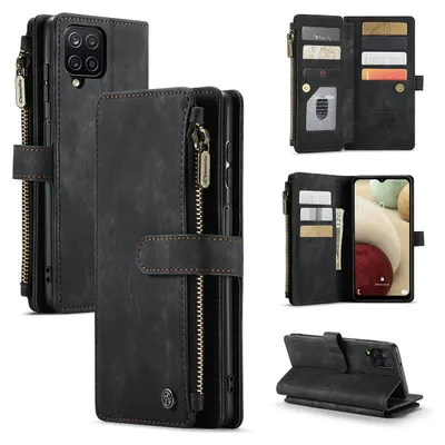 Collage of images showing a black leather wallet-style phone case for a Samsung Galaxy A12 from various angles, including open and closed views, and a close-up of the zipper and card slots.