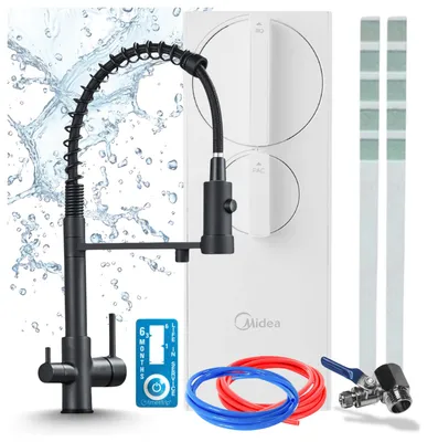 Imagen del producto de Grifo de cocina con sistema de filtrado de agua, modelo Ari Solid Spring, grifo de 3 vías, sistema de ósmosis inversa RO5 de 400 GPD, fabricado en latón, cartucho cerámico, aireador, color mate