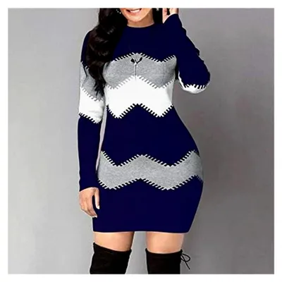 Produktbild von Strickkleid Damen Langarm Herbst Pulloverkleid Bodycon Winter Kleid Kurz Rundhals Elegante Minikleider Einfarbiges Sweatkleid A-Linie Etuikleid Kontrast Wickelkleid Freizeitkleid