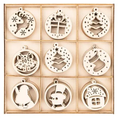 Holz-Streudekoration 63-tlg., 8 Designs, Ø 3,2 cm