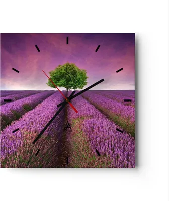 Produktbild von Wanduhr - Quadrat - Glasuhr - Wiese lavenda Sommer Landschaft - 40x40cm - Schleichendes Uhrwerk - Lautlos - zum Aufhängen bereit - Dekoration Modern - Wanddekoration aus Glas - C3AC40x40-2605