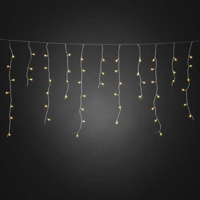 A string of LED lights hanging against a dark background.