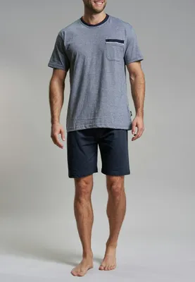Produktbild von Götzburg Herren Shorty Schlafanzug Pyjama Set Klima Aktiv, Farbe:Blau, Größe:XL, Artikel:-621 blau / mittel / melange