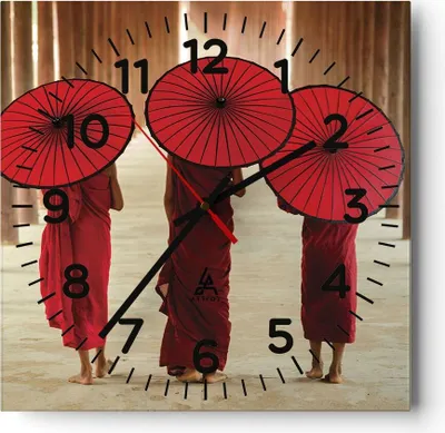 Produktbild von Wanduhr - Quadrat - Glasuhr - Bhutan Regenschirm Rot - 30x30cm - Schleichendes Uhrwerk - Lautlos - zum Aufhängen bereit - Dekoration Modern - Wanddekoration aus Glas - C4AC30x30-4290