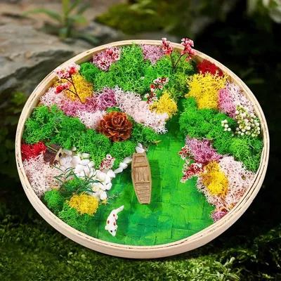 Produktbild von Zen-Garten-Set mit DIY Moosgemälde in runder Bambus-Fotohalterung - Mini-Garten-Set für Fotohalter-Dekoration