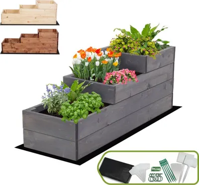 Produktbild von MODO24 Hochbeet Holz, Pflanzkasten, Massivholz, Kiefer, Kräuterbeet, Blumenkasten, Garten, Terrasse, 36x30x93 cm, Grau, ZP07