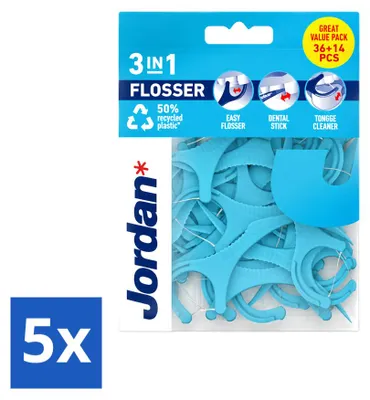 Produktbild von 5 x Jordan 3-in-1 Flosser - Zahnseide, Zahnstocher und Zungenreiniger - Vorteilspackung - 5 Stücke