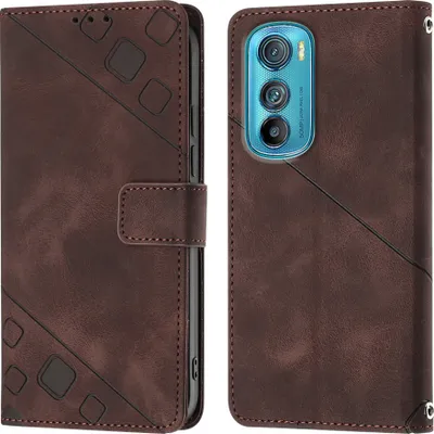 A brown leather flip wallet case for a Motorola Edge 30 phone, shown open and closed.