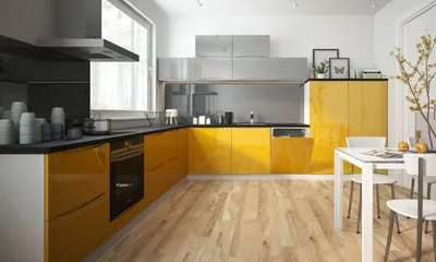 Produktbild von Küchenzeile Küchenblock Küche 340x350cm weiß / lichtgrau - rapsgelb Hochglanz lackiert Modern
