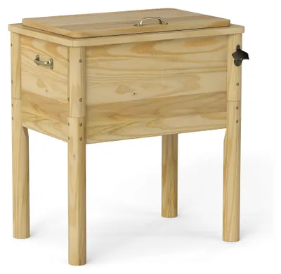 A wooden cooler with a lid, legs, and a bottle opener attached to the side.