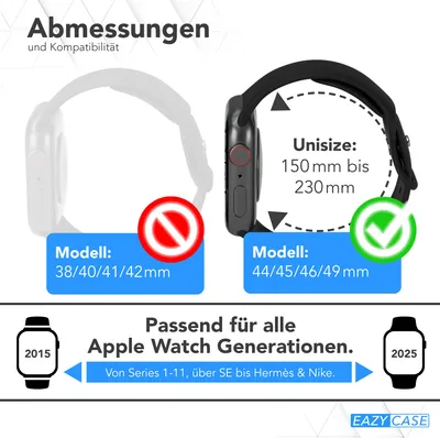 Produktbild von EAZY CASE Apple Watch Armband Silicon 44mm/45mm/49mm verstellbares Ersatzarmband, iWatch Serie, Sportarmband in Schwarz