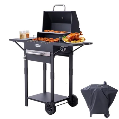 Produktbild von HOMAVO Holzkohlegrill mit Deckel, Grillfläche: 45×32 cm, 2-stufig Höhenverstellbare Kohlenwanne, Seitentisch, Thermometer, Mit Grillabdeckungen