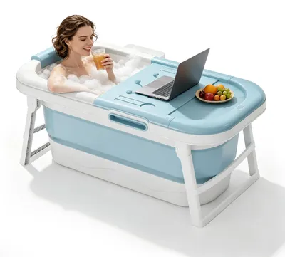 Immagine prodotto di QEENTOE Vasca da bagno pieghevole per adulti, 118x61x53 cm, vasca da bagno portatile con coperchio, rulli massaggianti e portasciugamani, vasca da bagno in plastica, colore blu