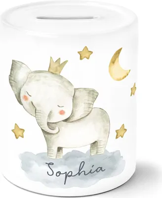 Produktbild von Kinder Spardose mit NamenTier-Motive Nashorn Löwe Elefant Watercolor Sparschwein Keramik SpecialMe® Elefant weiß unisize