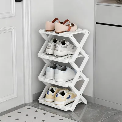 Immagine prodotto di Scaffale per scarpe in bambù, bianco, 4 ripiani, pieghevole, autoportante