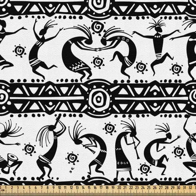 Produktbild von ABAKUHAUS afrikanisch Gewebe als Meterware, Tanzende orientalische Figuren Ornate Design Elements Tribal Folkloric Vintage Design, 3 M (148 x 300 cm), Weiß Schwarz