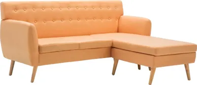 A studio shot of an orange L-shaped sofa.