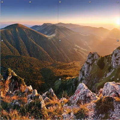 Produktbild von Wallario Outdoor-Poster für Garten oder Balkon, Motiv Berglandschaft mit Sonnenuntergang in der Slowakei, in ca. 180 x 180 cm