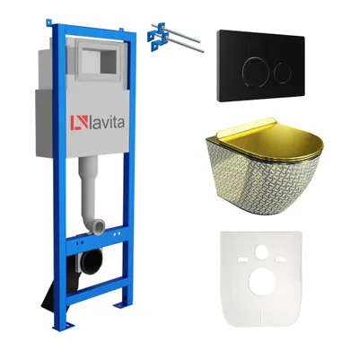 Produktbild von Lavita LAV 101 Vorwandelement für WC 40cm + Wand Hänge Tiefspül WC SOFI SLIM GOLDEN NEVER DIE Spülrandlos + Bedienplatte LAV 200.4.4 Schwarz | Komplettset | Unterputz Spülkasten | Toilette Komplett Sett