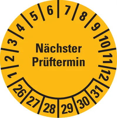 Produktbild von Dreifke® Prüfplakette Nächster Prüftermin 26-31, gelb, Dokumentenfolie, Ø30mm...