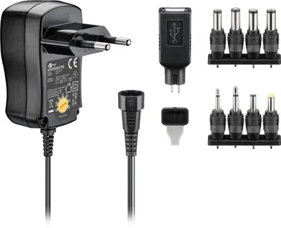 Immagine prodotto di goobay Adattatore di rete universale 3/12 V incl. 1 adattatore USB/8 x DC max. 3,6 W e 0,6 A nero 1,8 m (1 scatola pieghevole)