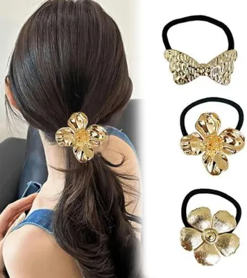 Produktbild von 3 Stück goldfarbener Haarschmuck mit elastischen Metall-Haarmanschetten für den Pferdeschwanz, Haarspangen für Frauen und Mädchen
