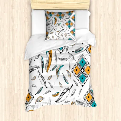 Produktbild von ABAKUHAUS Boho Mantele, Tribal Bohemian Feder, Milbensicher Allergiker geeignet mit Kissenbezügen, 135 cm x 200 cm - 80 x 80 cm, Teal Orange Schwarz