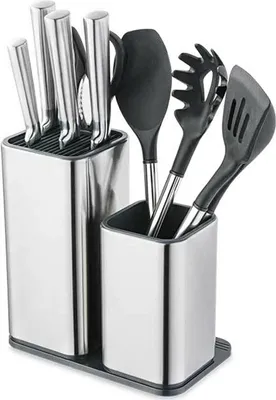 Image de 2In1 Porte-couteaux en acier inoxydable Bloc à couteaux Boîte à couverts Set Cuisine Rangement Ciseaux Organisateur Porte-couteaux sans couteaux (Noir)