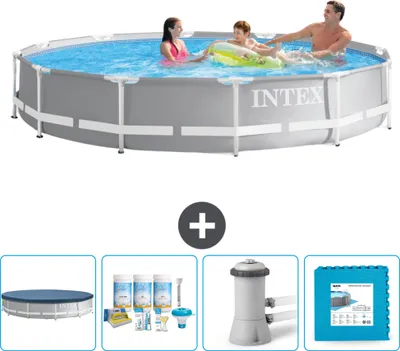 Produktbild von Intex Pool mit rundem Prismenrahmen – 366 x 76 cm – Grau – im Lieferumfang enthalten Abdeckung - Wartungspaket - Filterpumpe für Schwimmbad - Bodenfliesen