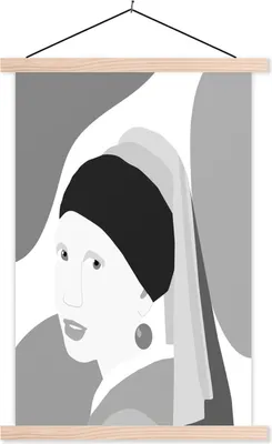 Produktbild von MuchoWow® Textilposter Girl With A Pearl Earring - Schwarz und Weiß 120x180 cm mit holzfarbenen Rahmen - Textil-Plakat