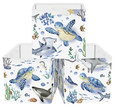 Aufbewahrungsbox 3er-Set Meerestiere 30x30x30 cm mit Griffen