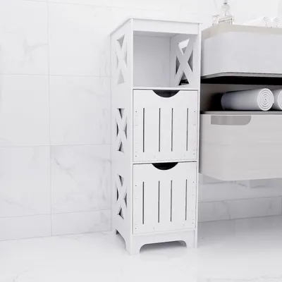 Image de Armoire de salle de bain - Meuble de rangement - Meuble de salle de bain - Armoire avec tiroirs - Armoire étroite blanche - Compacte, dimensions 89x30x30 cm