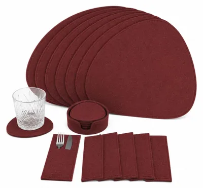 Produktbild von Filz Platzsets Oval, Platzdeckchen abwaschbar, Tischuntersetzer Filzmatten 26er Set mit Hülle Besteckhülle Untersetzern (rot)